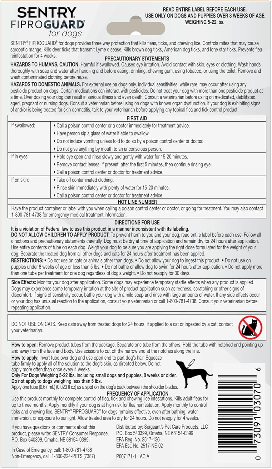 SENTRY PET CARE SENTRY Fiproguard for Dogs, Flea and Tick Prevention for Dogs (5-22 Pounds), Includes 6 Month Supply of Topical Flea Treatments