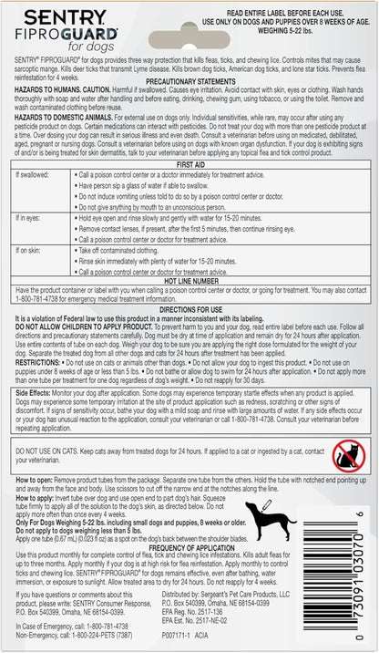 SENTRY PET CARE SENTRY Fiproguard for Dogs, Flea and Tick Prevention for Dogs (5-22 Pounds), Includes 6 Month Supply of Topical Flea Treatments