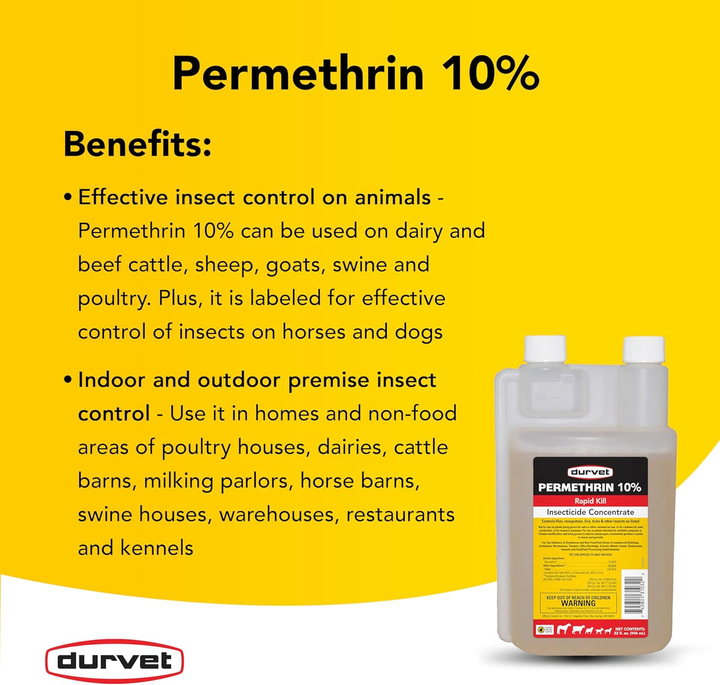 DURVET 2253432 Permethrin - EC 10 Percent - Concentrate - 32 Ounces