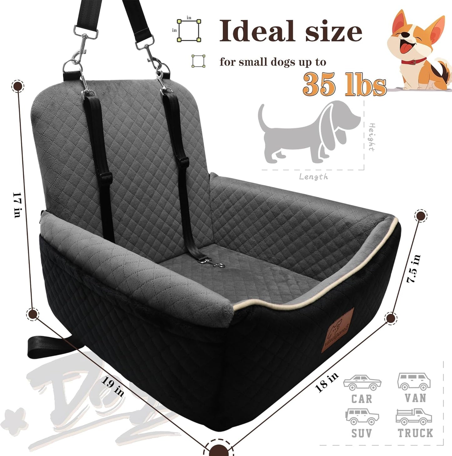 Dog Car Seat Bed 2 in 1 for Small/Medium Dogs up to 35 lbs,Adjustable Safety Leashes,Memory Foam with Soft Fabric Pets Travel Car Bed,Easily Installed in Front and Back seat,Removable and Washable.