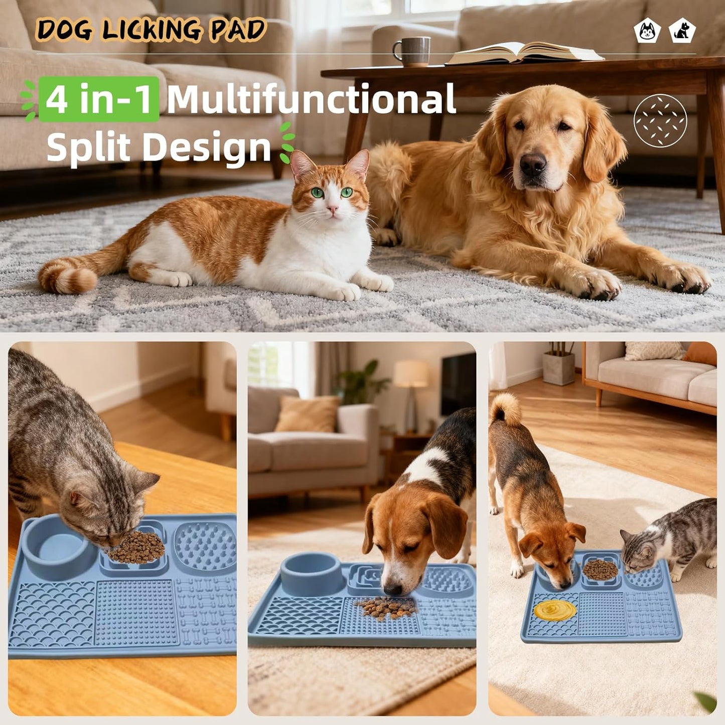 Dog Lick Mat for Anxiety Relief, Slow Feeder Alternative, Pet Enrichment Treat Mat, Boredom Buster, Durable Food-Grade Silicone, Dishwasher & Freezer Safe (Blue, Rectangle)