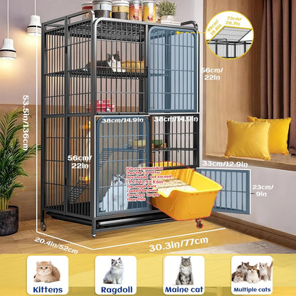 Collapsibles Cat Cages Indoor,Portable Cats Enclosures 2/3/4-Tier,Heavy-Duty Cat Playpens with Universal Wheels,Large Metal Animal cage Pet Crate No Assemblys Required (Black, 4-Tier (No Litter Box))