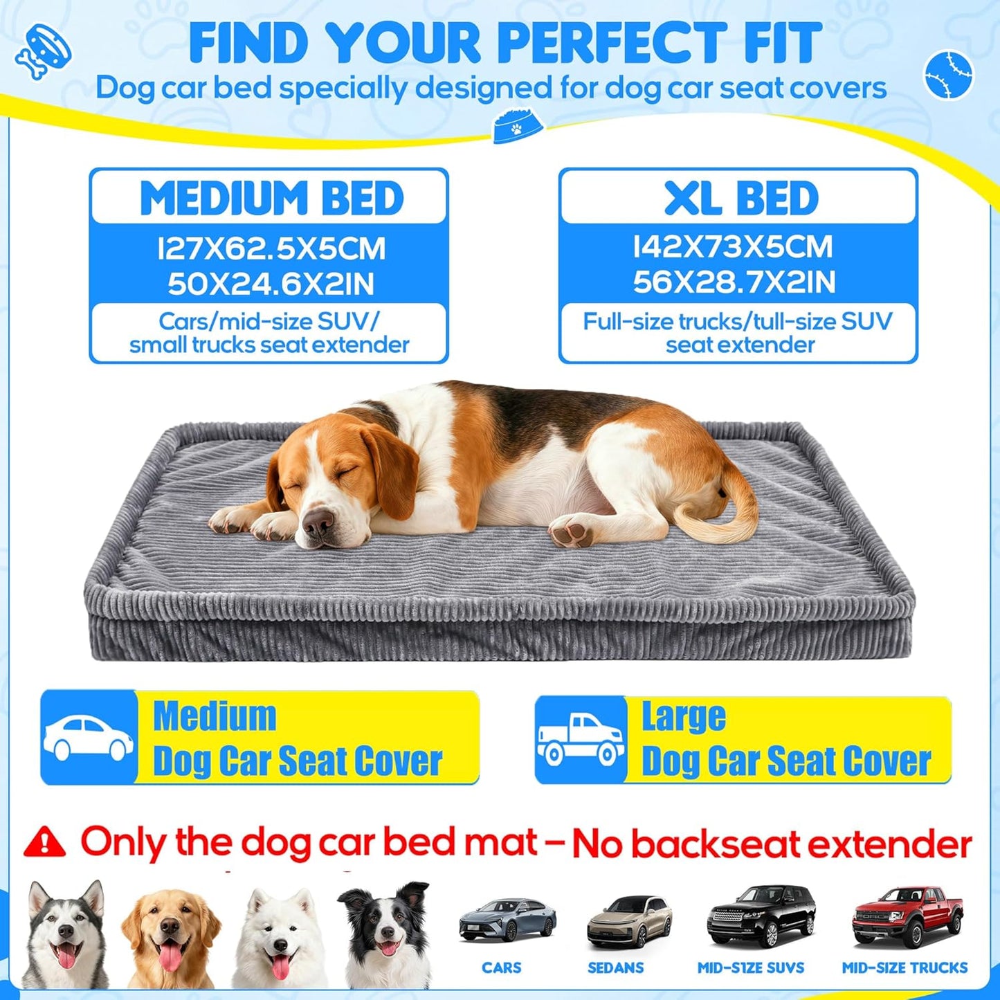 Dog Car Bed, Non-Slip Backseat Extender Pet Mat, Removable Washable Dog Bed for SUVs, Sedans & Trucks, Anti-Slip Travel Bed for Dogs, Easy Clean & Scratch-Proof & Comfort (50"x24.6")