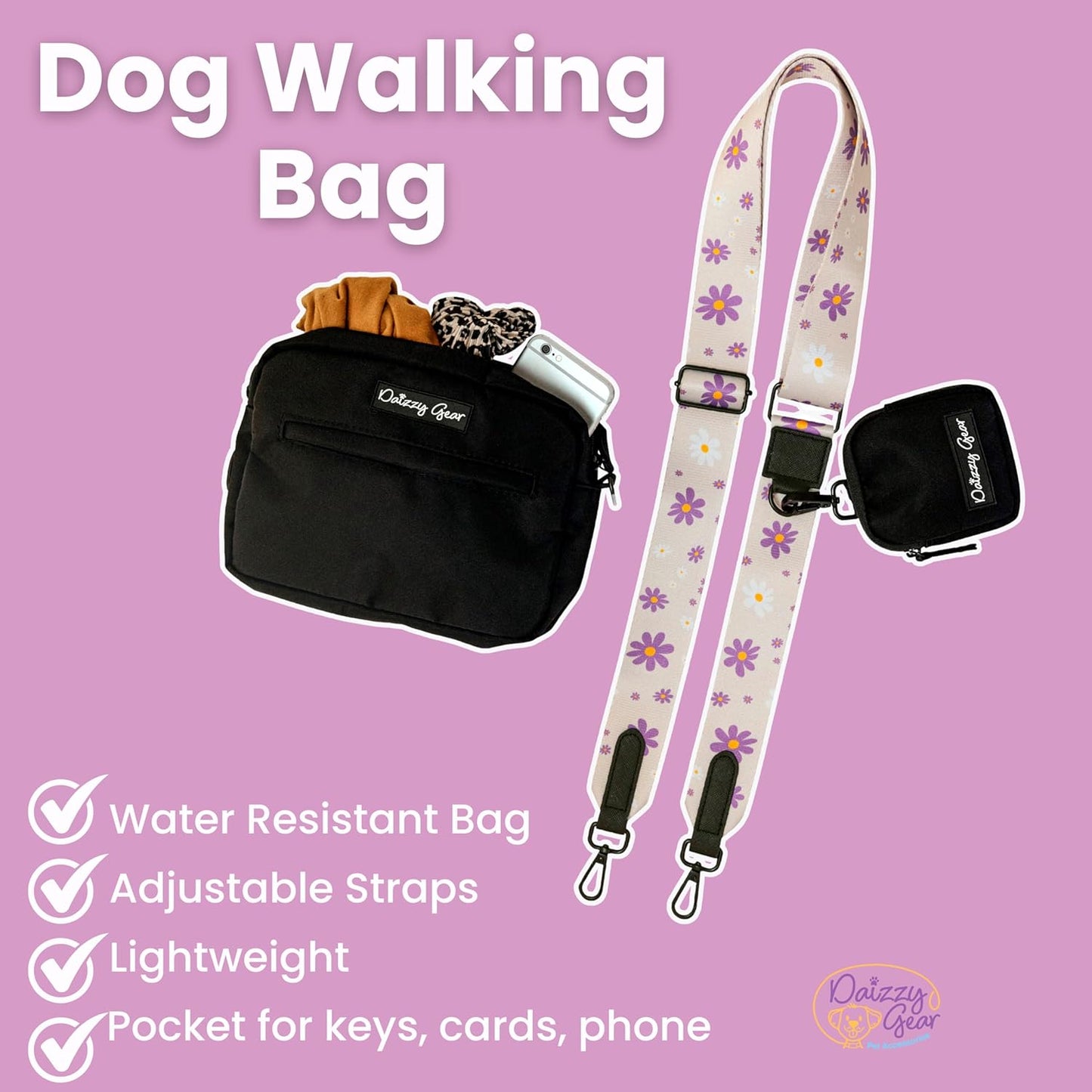 Dog Rope Leash + Crossbody Treat Bag with Poop Bag Dispenser - 44 LBS /6FT Medium Size Leash - Purple Daisy Dream