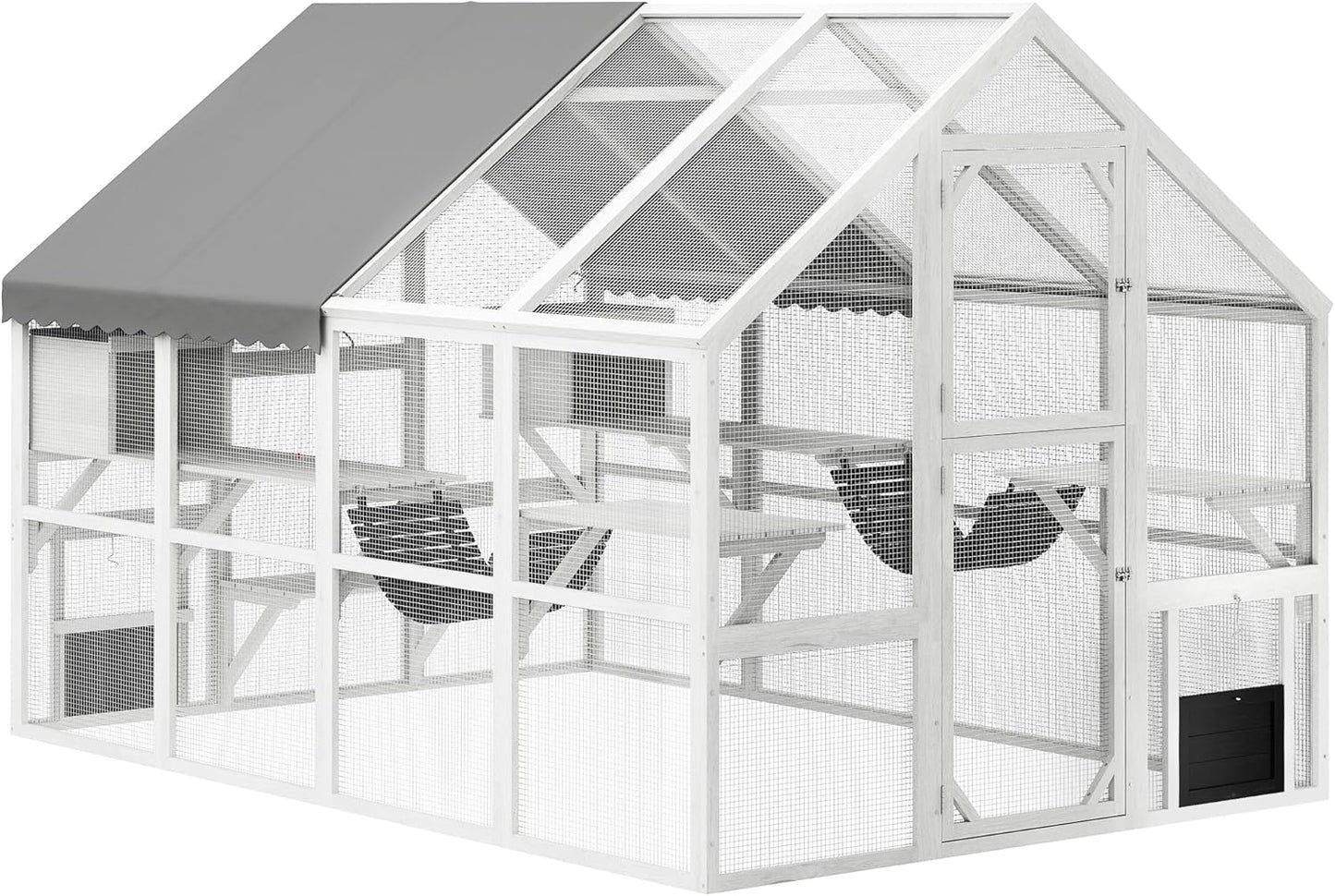 PawHut 110" L Large Catio Outdoor Cat Enclosure for Multiple Kittens, 56 sq.ft Wooden Cat House with Waterproof Cover, Walk in Kitty Cage Kennel with 2 Condos, 6 Platforms, Bridge, Doors, White