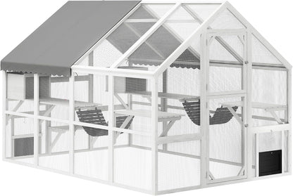 PawHut 110" L Large Catio Outdoor Cat Enclosure for Multiple Kittens, 56 sq.ft Wooden Cat House with Waterproof Cover, Walk in Kitty Cage Kennel with 2 Condos, 6 Platforms, Bridge, Doors, White