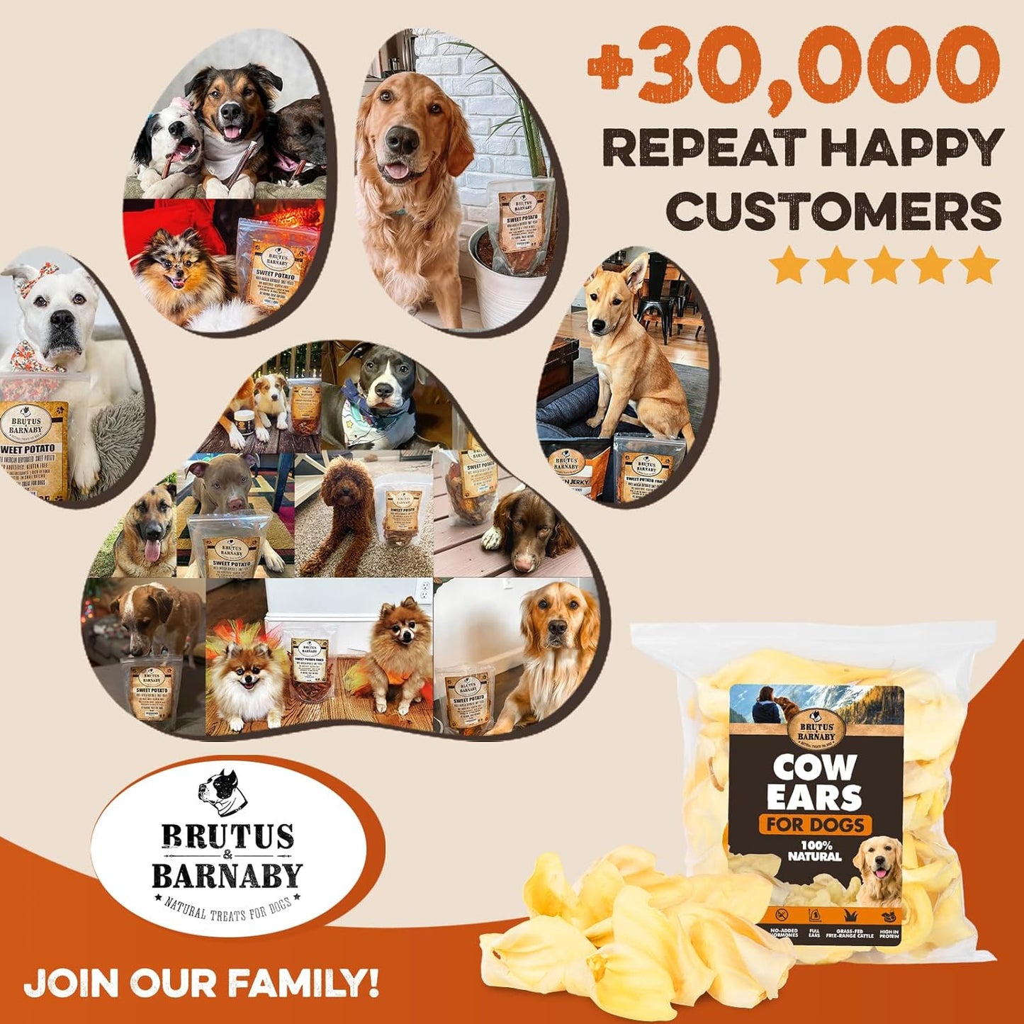 BRUTUS & BARNABY Branded Cow Ears for Dogs – Whole Ears, Thick Cut, Grass-Fed Angus Beef, All-Natural No-Rawhide Dog Treat Alternative (30 Count)