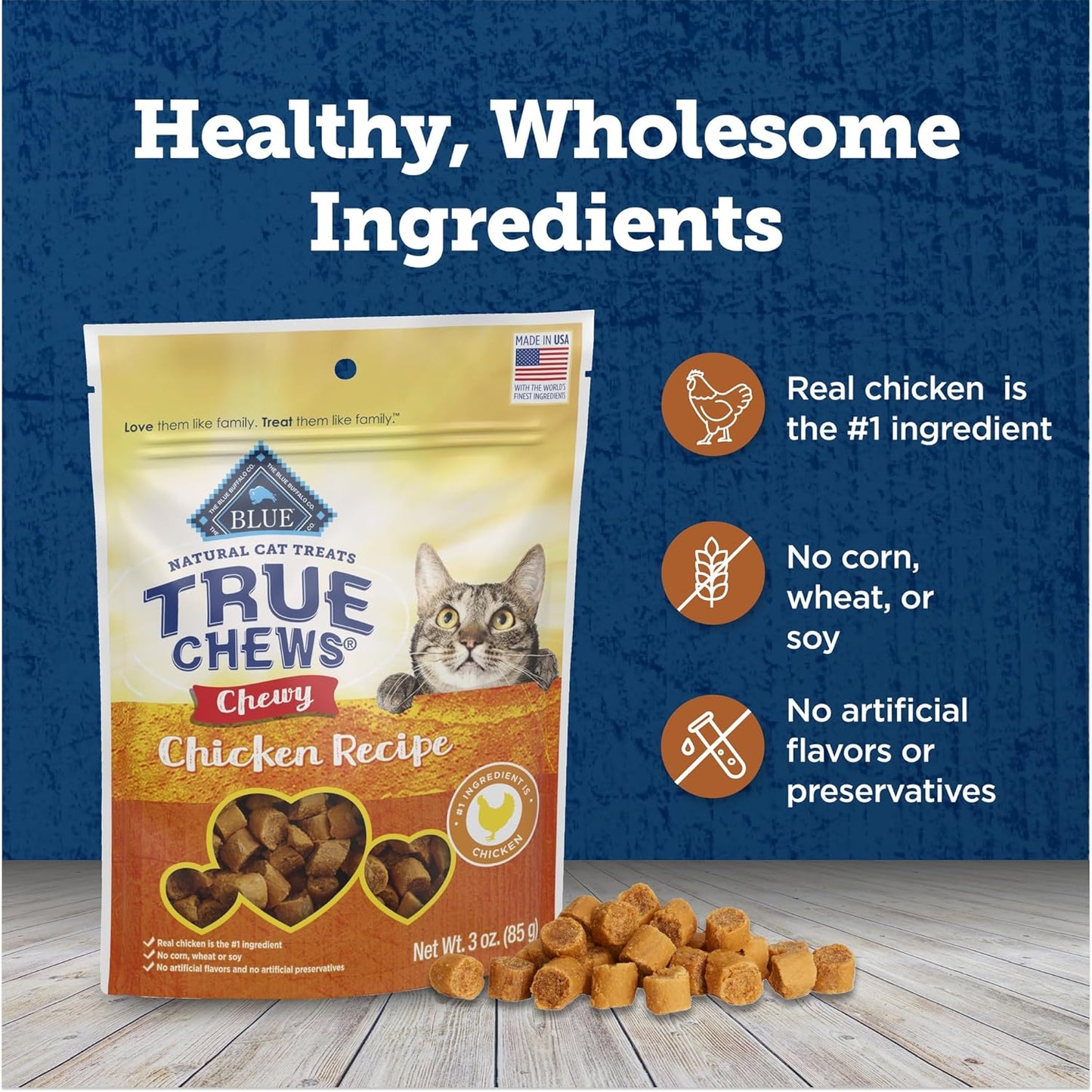Blue Buffalo True Chews Natural Chewy Cat Treats, Made in the USA, Chicken Recipe, 3-oz Resealable Bag