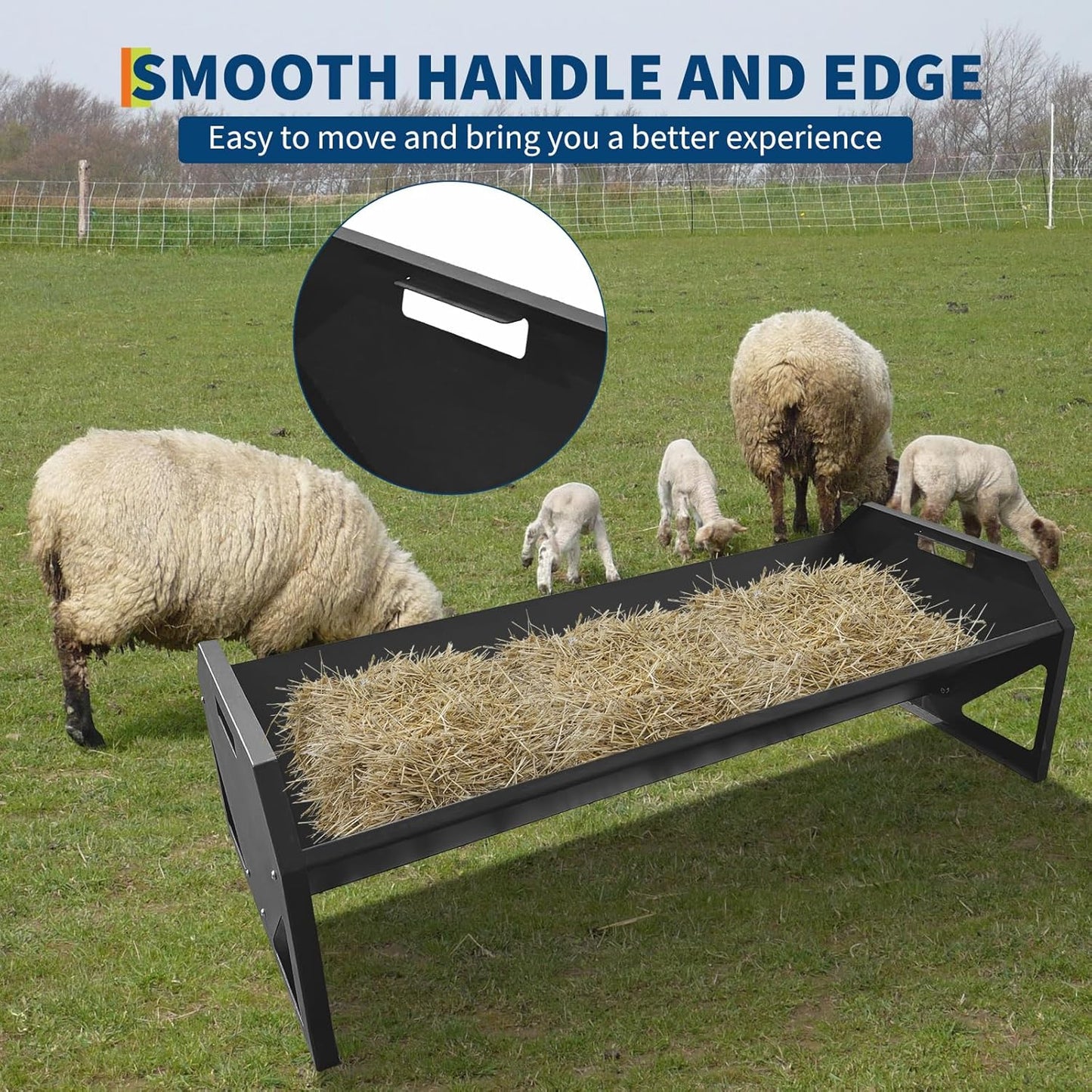 Heavy Duty 45" Steel Livestock Feeding Trough - 22 Gallon Large Capacity Feeder for Horses, Goats, Sheep, Cattle, Cows, Alpacas - Durable Hay & Water Trough for Barn or Stable Use - Black