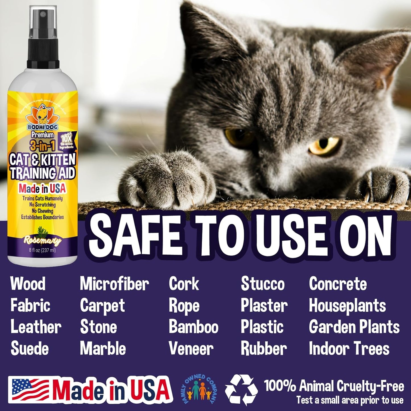 Bodhi Dog 3-in-1 Cat & Kitten Training Aid - Cat Deterrent Spray for Indoor and Outdoor Use - Protect Furniture, Rugs and Plants - Establish Boundaries & Keep Felines Off - Made in USA (8 Fl Oz)