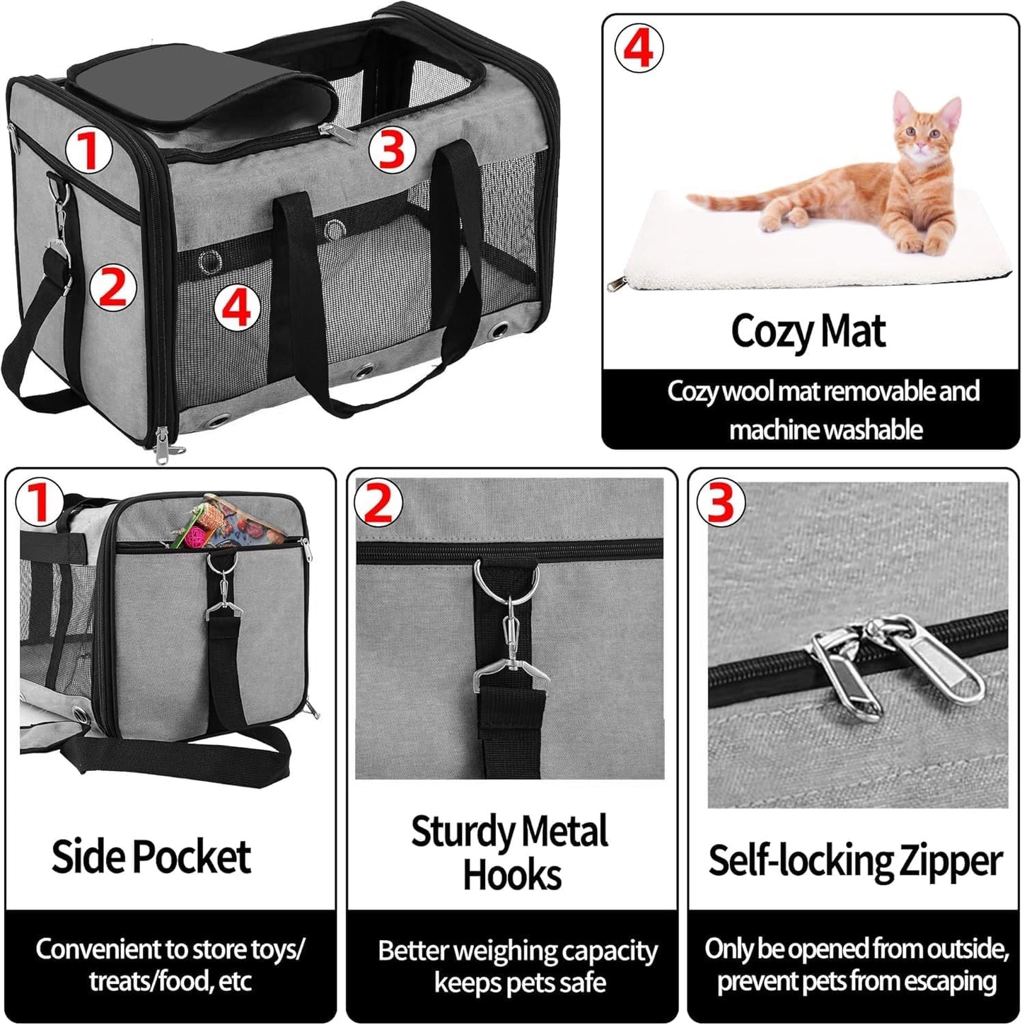Soft Sided Cat/Dog Carrier，Collapsible Mesh Pets Travel Carriers for Pet/Puppy with Shoulder Strap & Removable Mat，Top Load Small Dogs/Cats Carry Bag Up to 25 Lbs（Grey - L）