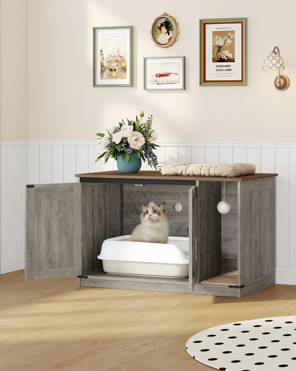 Cat Litter Box Enclosure, Hidden Litter Box Cabinet Furniture with Bell, Indoor Cats House, Farmhouse Style, 39.4 x 21.7X 24.8 Inches, for Hallway, Bedroom, Greige CB85205X