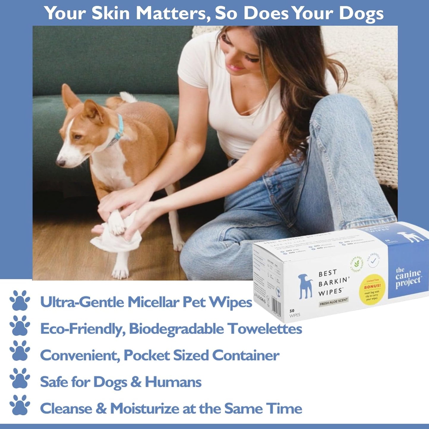 Dog Skin Therapy Spray & Grooming Wipes Bundle - Anti-Itch Healing Spray with Aloe + Paw & Ear Wipes (50-Pack) Gentle First Aid & On-The-Go Cleaning
