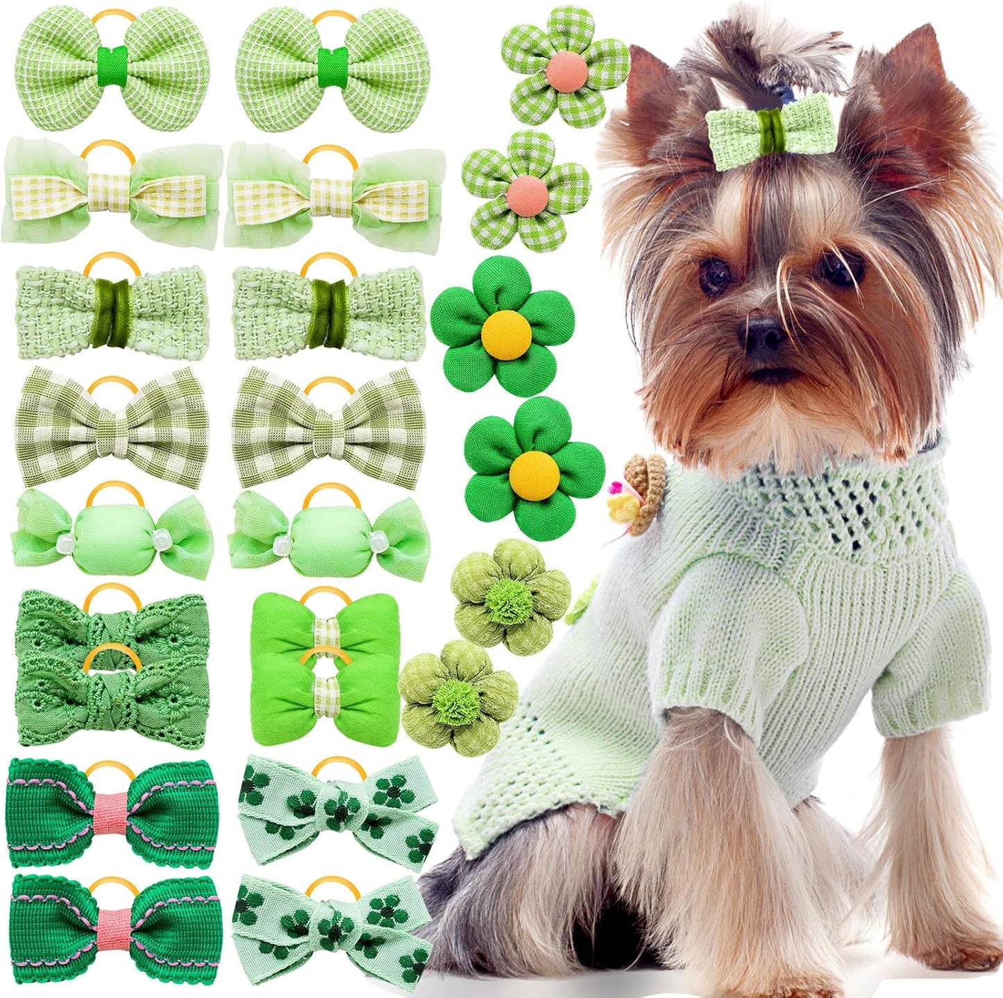 20pc Green Small Dog Hair Bows with Rubber Bands, Bulk Green Puppy Dog Hair Bows, Mix Handmade Cute Dog Gooming Flower Ball Bows for Holiday Yorkie Dog Hair Accessories