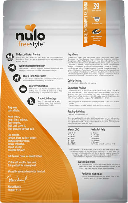 Nulo Freestyle Adult Trim Formula Grain-Free Weight Management Dry Kibble Dog Food With Healthy Digestive Aid BC30 Probiotic and L-Carnitine, Cod & Lentils, 6 Pound Bag