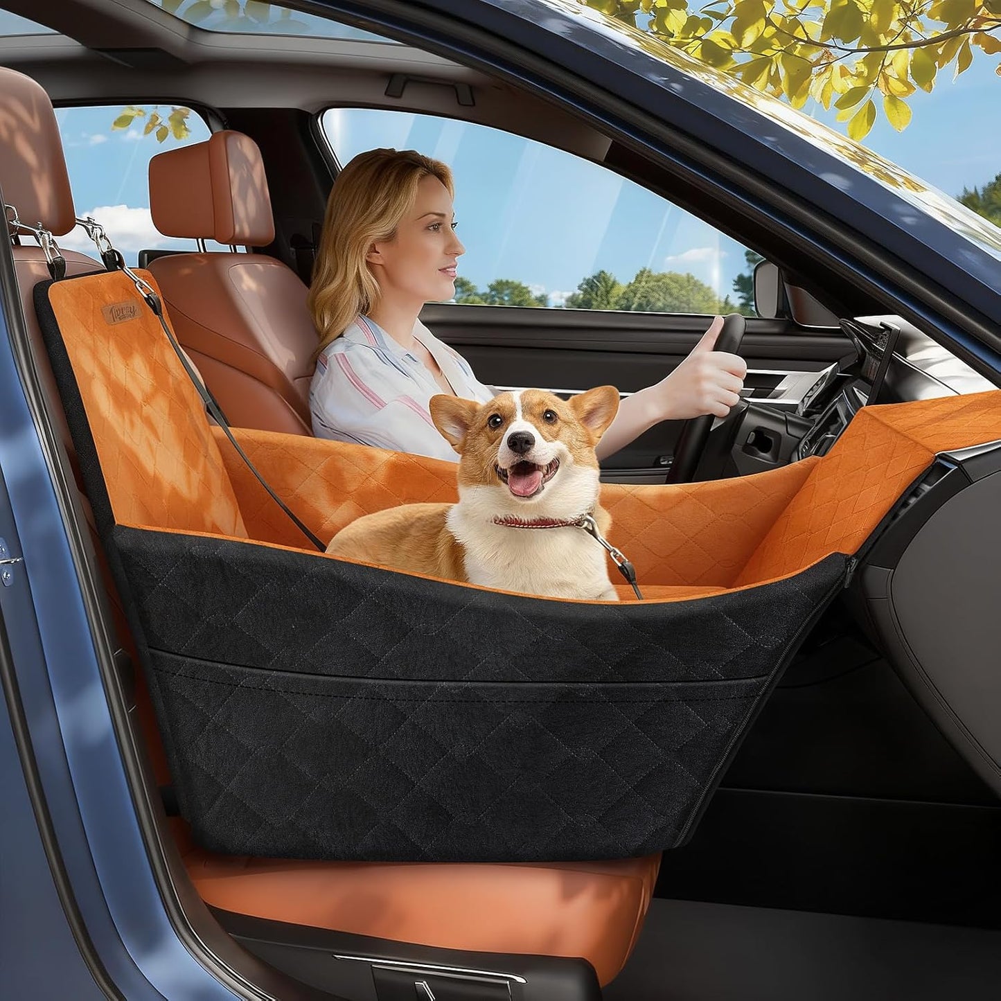 Elevated Dog Car Seat, Dog Booster Car Seats for Small & Medium Breeds Up to 35lbs, Fully Detachable and Washable, Memory Foam Pet Carseat with 2 Storage Pockets & 3 Safety Belts, Black + Brown