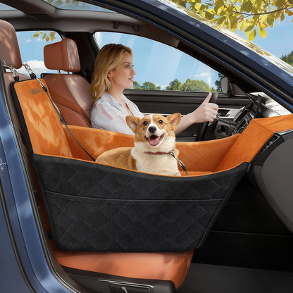 Elevated Dog Car Seat, Dog Booster Car Seats for Small & Medium Breeds Up to 35lbs, Fully Detachable and Washable, Memory Foam Pet Carseat with 2 Storage Pockets & 3 Safety Belts, Black + Brown