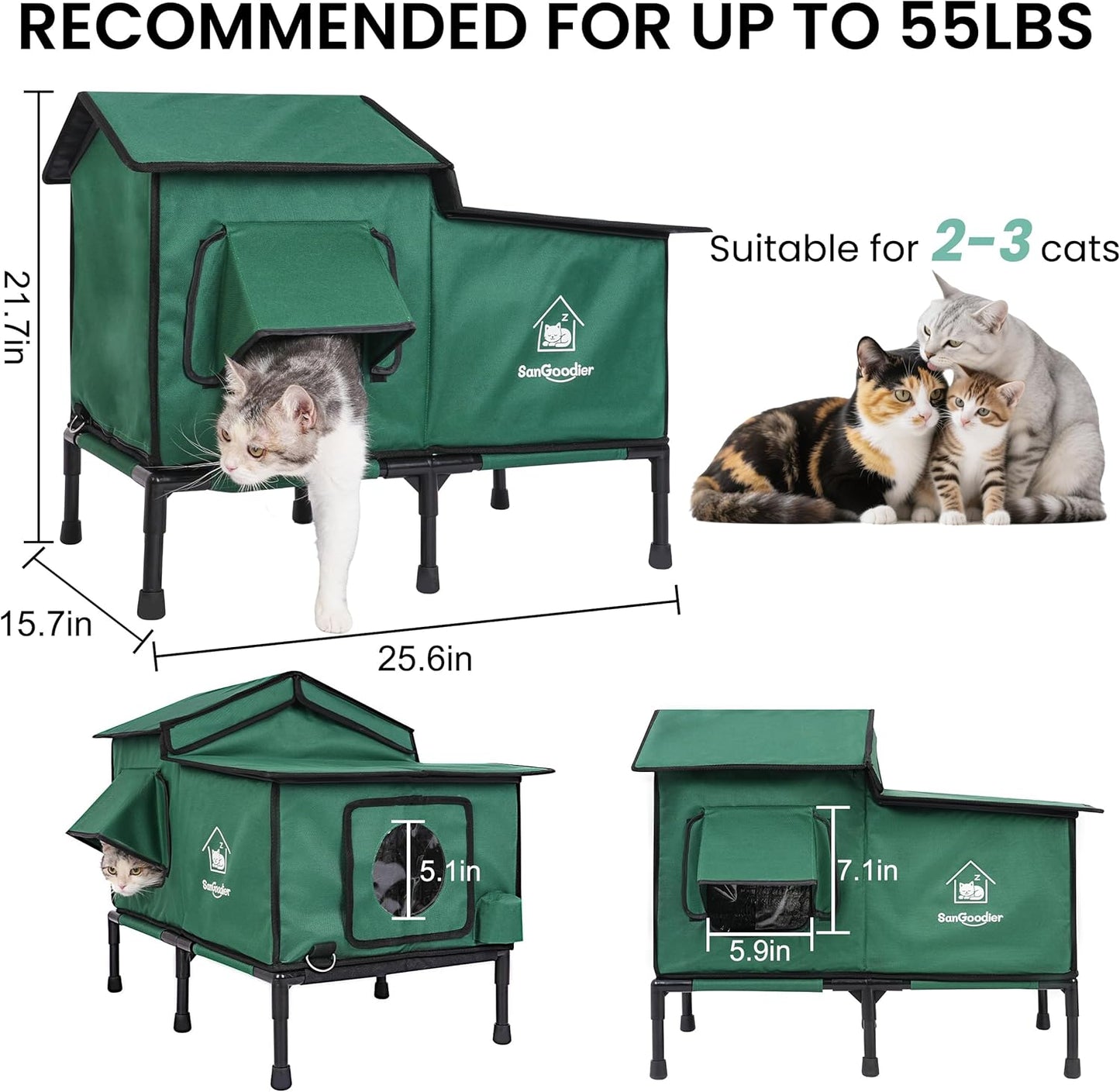 Cat Houses for Outdoor Cats, Outdoor Cat House Weatherproof with Insulation Layer for Warm, Foldable Cat Shelter, Cave Beds for Pets Up to 55lbs for Garden, Patio, or Backyard (Green-L)