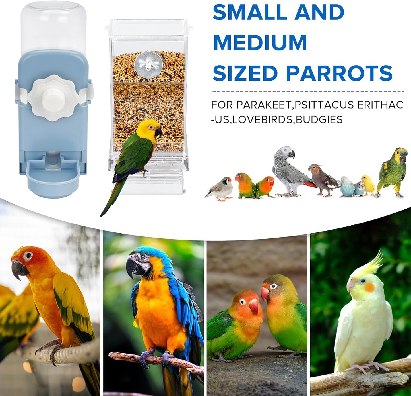 No Mess Bird Feeder Water Dispenser Set, Parakeet Cage Accessories, Bird Feeder and Waterers in Cage for Cockatiels, Finches, Lovebirds, Budgies, Canaries