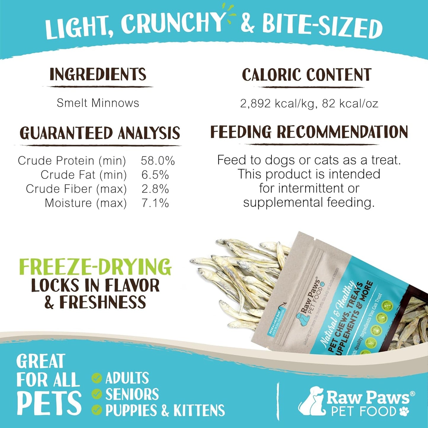 Raw Paws Smelt Freeze Dried Minnows for Cats & Dogs, 2-oz - Made in USA - Freeze Dried Fish for Cats - Single Ingredient Fish Dog Treats - Minnows Dog Treats