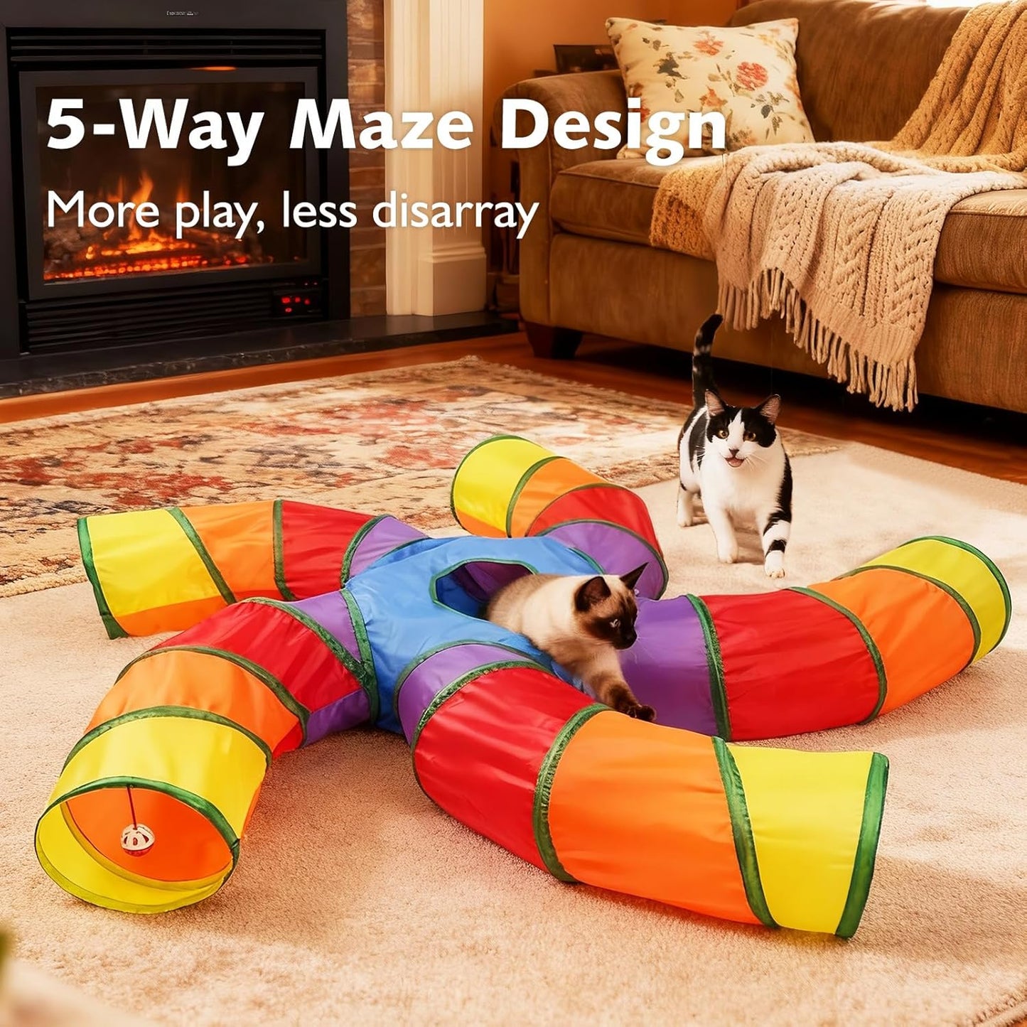 Joytale 5-Way Cat Tunnels for Indoor Cats, Pet Tube Toy with Play Ball and Toy Mouse, Christmas S-Shape Collapsible Tunnel with Interactive Hole for Kitty, Kitten, Rabbit, Puppy (Rainbow)