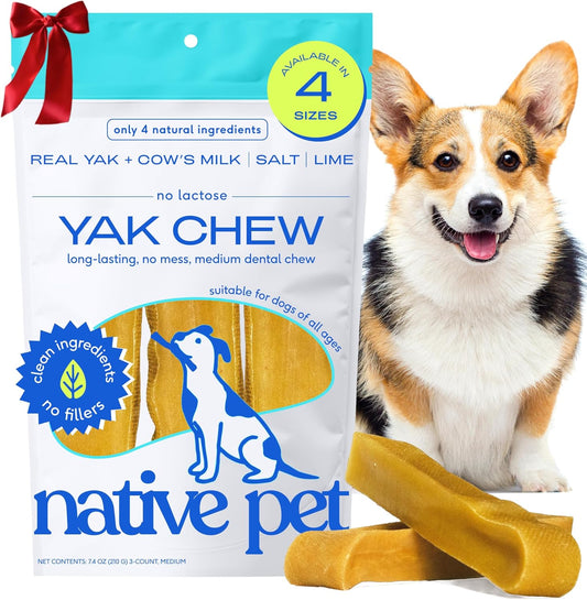 Native Pet Yak Cheese Himalayan Dog Chews - Long Lasting Dental Sticks for Medium Breeds – 100% All Natural Himalayan Yak Chews for Medium Dogs – Cheese Bone for Aggressive Chewers - 3 Per Pack