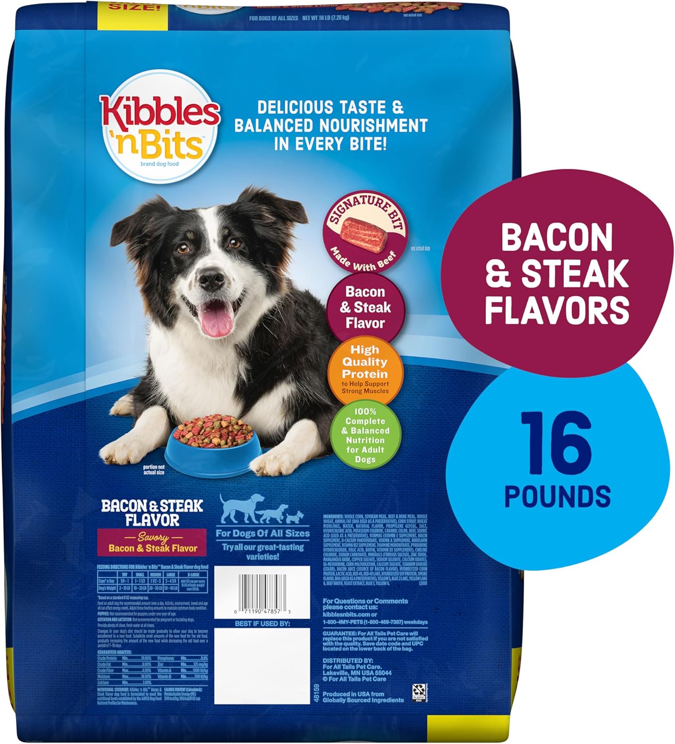 Kibbles 'n Bits Dry Dog Food, Savory Bacon & Steak Flavor for Adult Dogs 16 lb. Bag