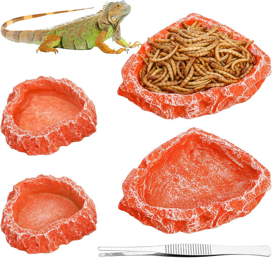 Frcctre 4 Pack Reptile Food Dish with Feeding Tongs, Resin Reptile Water Dish Food Bowl Feeding Terrarium Bowl for Leopard Gecko Lizard Tortoise Hermit Crab Bearded Dragon Chameleon, Orange
