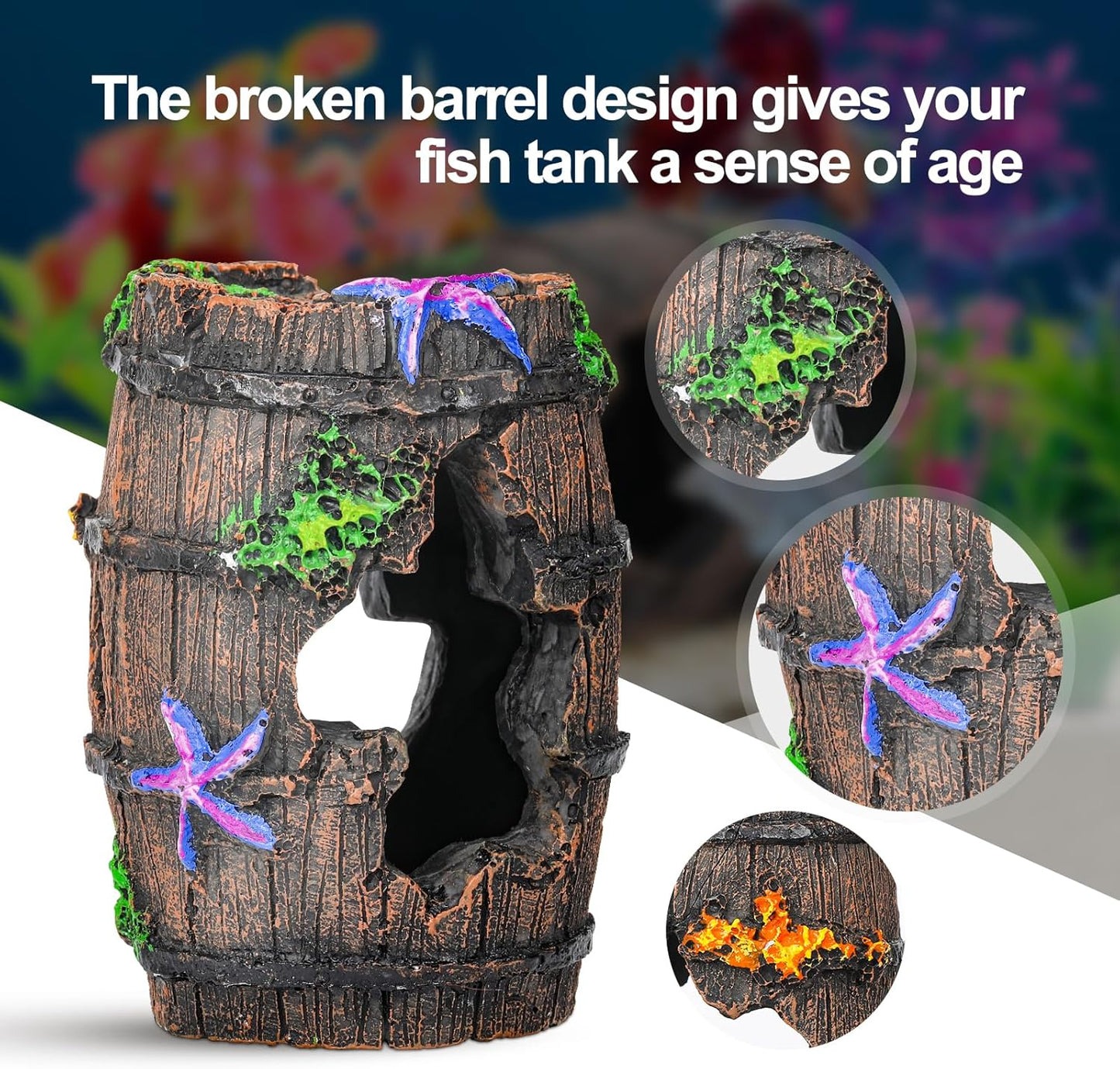 CousDUoBe Fish Broken Barrel Decor Fish Tank Decorations Betta Fish Tank Accessories,Starfish Barrel x 1pc, Aquarium Plants x 8pcs