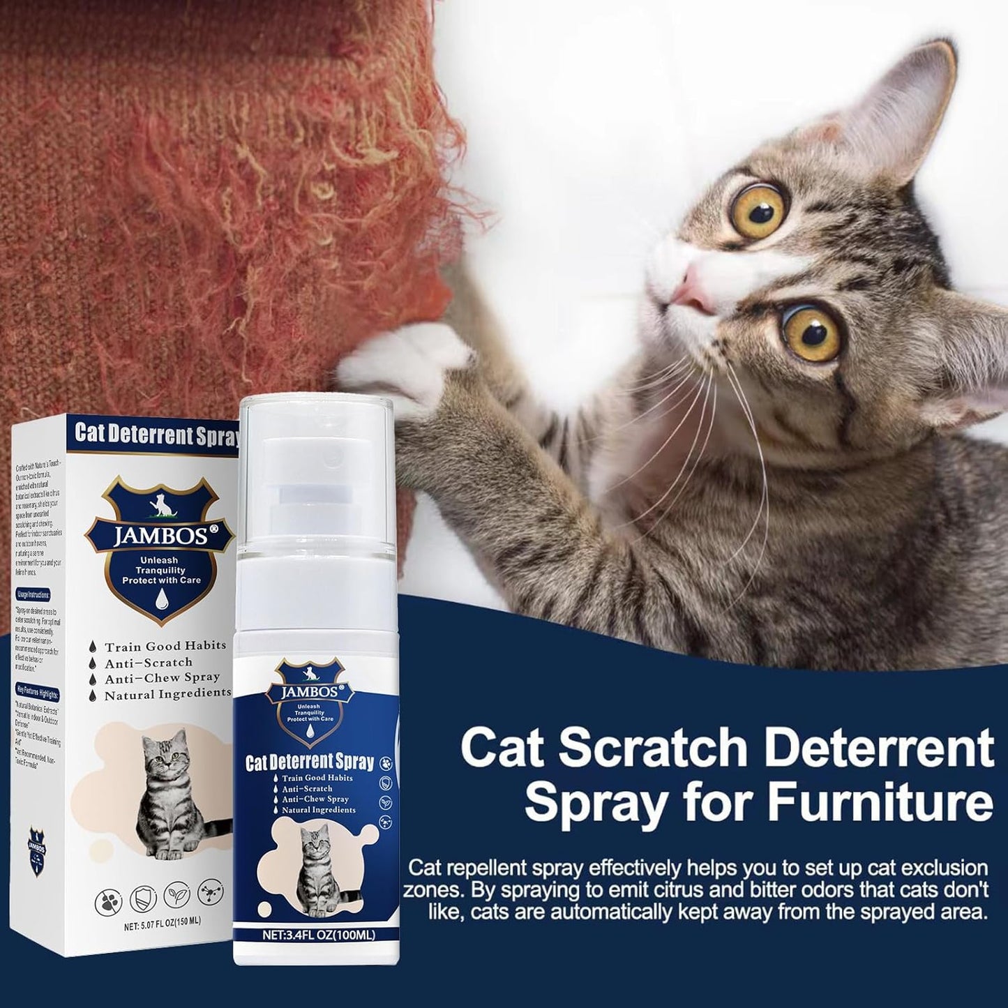 2 Bottles Cat Deterrent Spray – Natural, Non-Toxic Anti-Scratch Spray for Cats & Kittens – Indoor & Outdoor Pet Training Aid – Furniture & Carpet Protector (Blue, M)