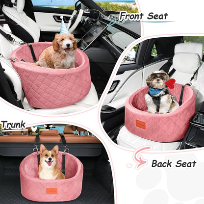Dog Car Seat for Small Dogs Up to 30 Lbs,Ultra Soft Fabric Fill in Comfy Memory Foam,Happy Pet Ride,2 Safety Dog Leashes,Fully Detachable and Washable,Anti Slip Base(Pink)