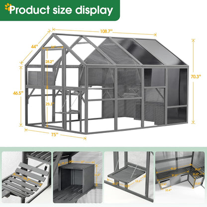 KEIKI Luxury Wooden Cat Cage Outdoor Cat Catio Enclosure 56ft²Extra Large Kitten Run House for Multiple Pets, Walk in Kitten Kennel with Bouncy Bridge, Platforms, Resting Houses, UV Resistant, Gray
