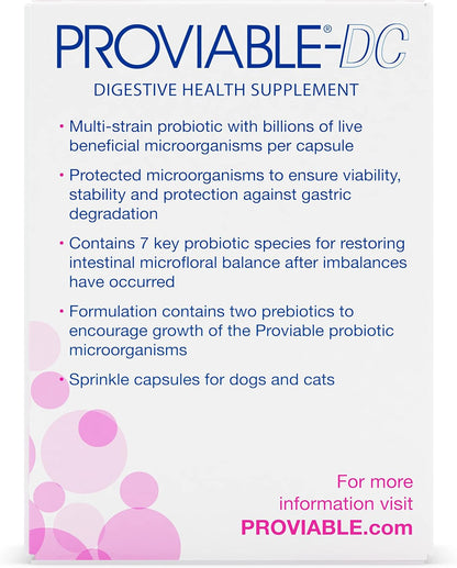 Nutramax Proviable Probiotics for Dogs and Cats, Daily Digestive Health Supplement with Multiple Strains of Bacteria, Cat and Dog Probiotics Plus Prebiotics, 30 Capsules