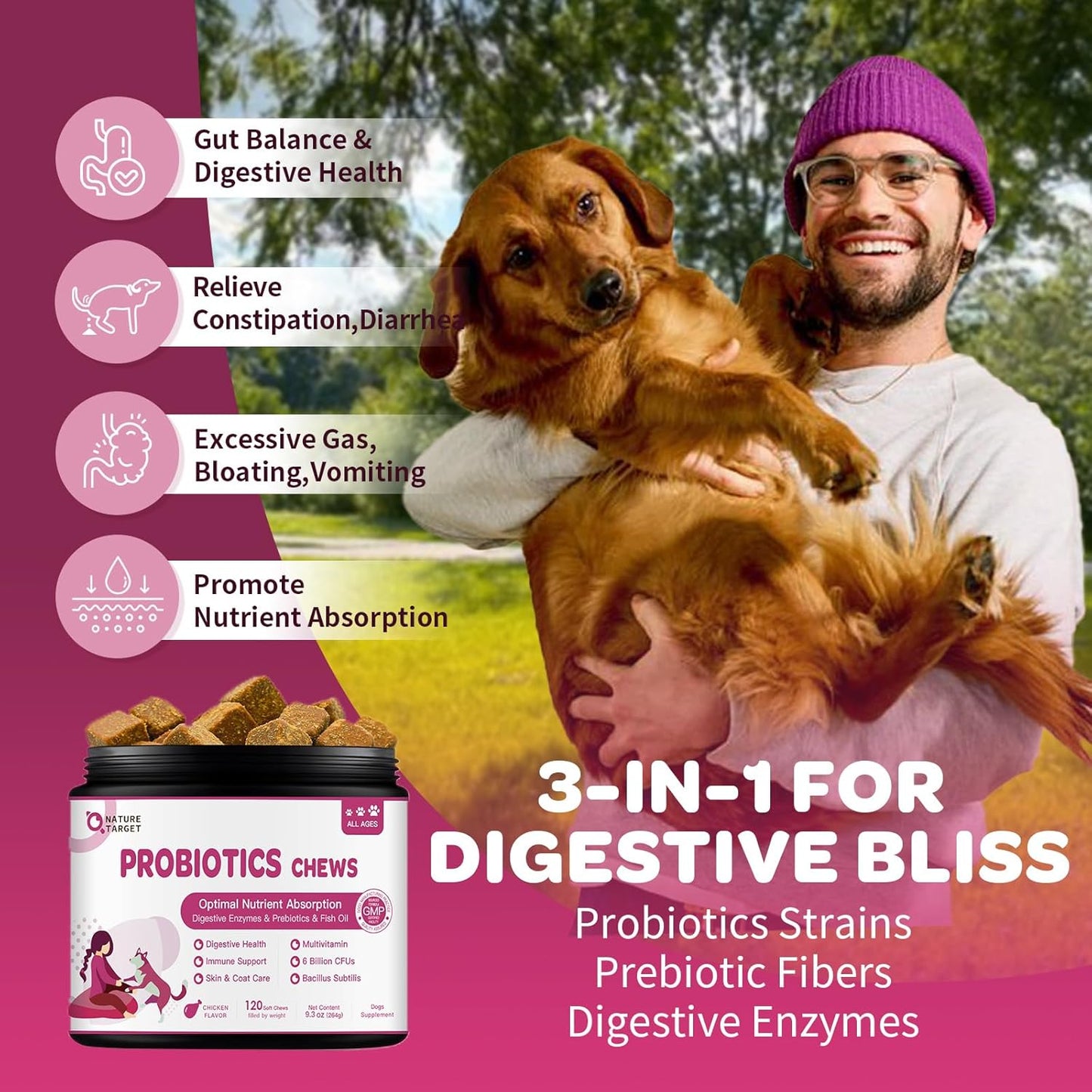 NATURE TARGET Probiotics for Dogs & Digestive Enzymes for Digestive Health - Plus Fish Oil & Vitamins Supplement for Allergies & Immune & Itchy Skin, 120 Chicken Flavor Probiotic Soft Chews