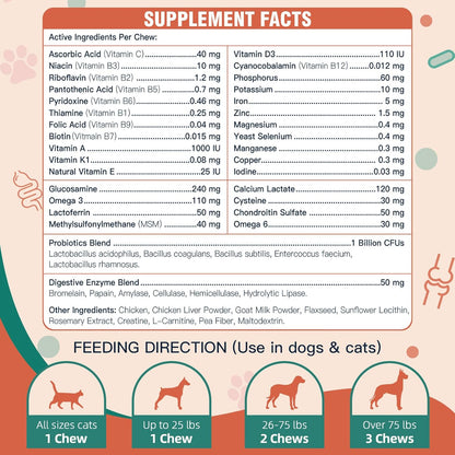 Dog Multivitamin, Dog Vitamins and Supplements, Multivitamin for Dogs with Glucosamine, Probiotics & Omega 3 for Joint, Digestive, Skin, Coat and Immune Health, Chicken Flavor - 180 Bites