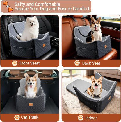 2 in 1 Dog Car Seat Bed for Small/Medium Dogs Up to 35 lbs, Travel Dog Booster Seat with Memory Foam Thick Cushion, Safety Belts&Storage Pockets, Removable Washable Bed Fits Front or Back Seat