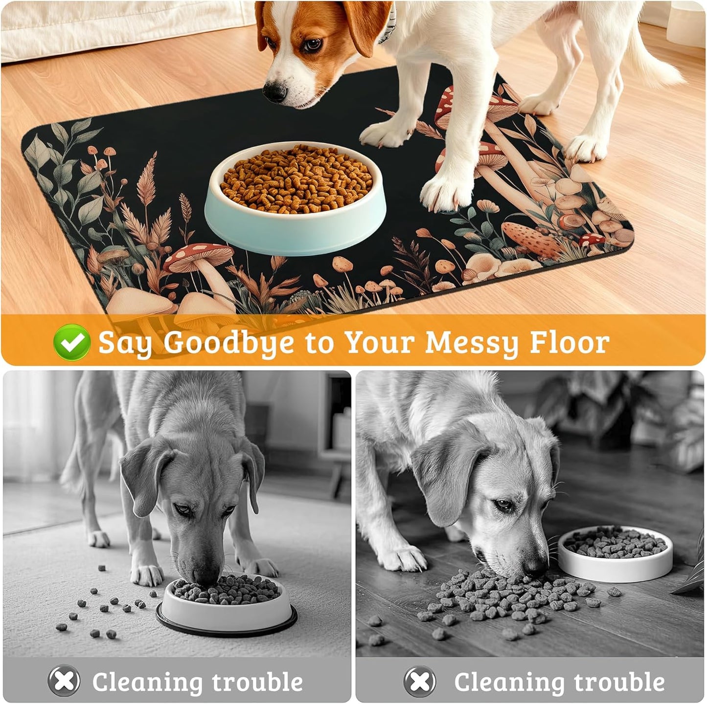 Vintage Mushroom Dog Food Mat,Leaf Absorbent Pet Feeding Mat for Food and Water Bowl,Quick Dry Dog Placemat Non Slip Rubber Backing Waterproof Pet Supplies 16" x 24"