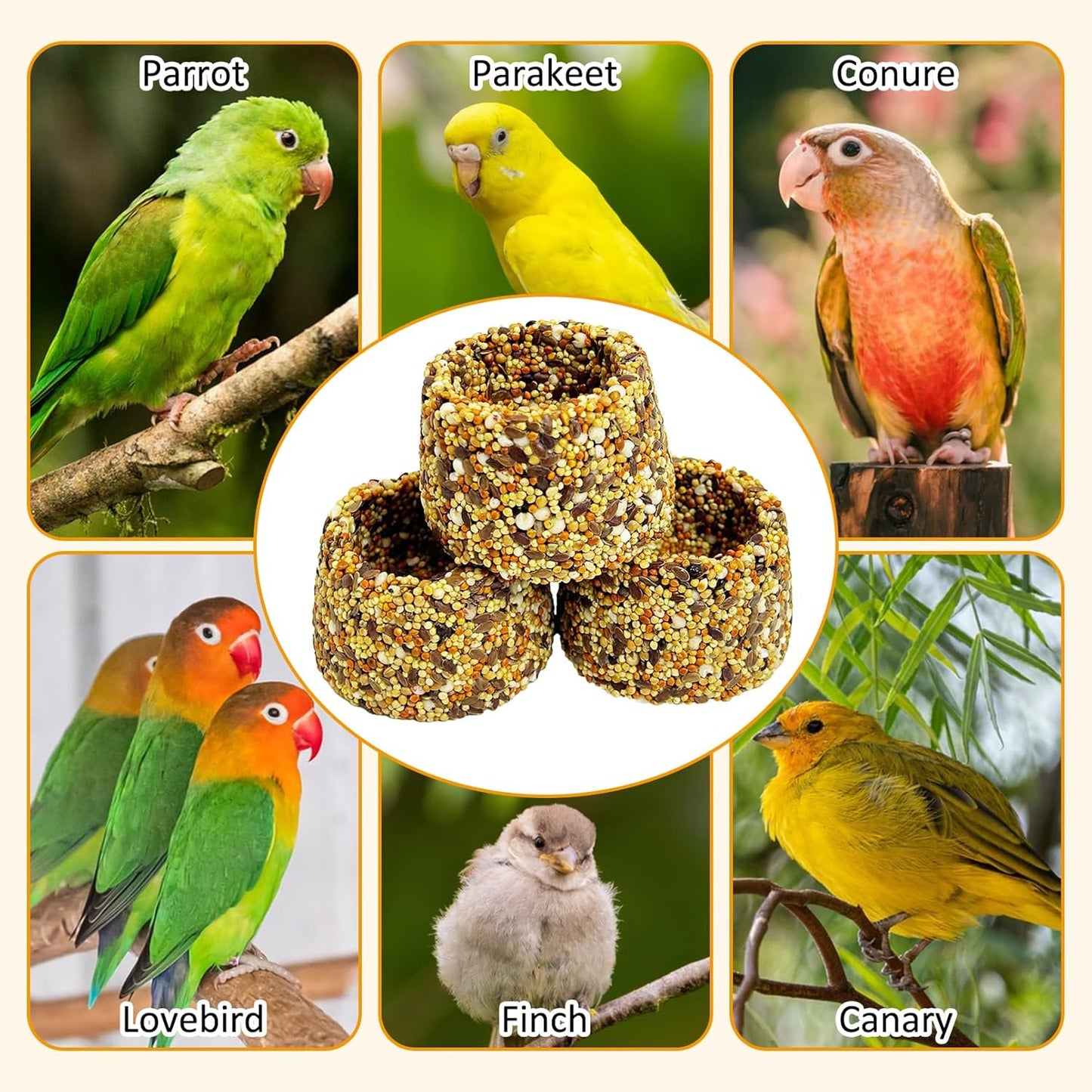 PINVNBY 6 PCS Parrot Treats Natural Grains Cockatiel Treats Bowl Shape Budgie Snacks Edible Bird Chewing Toys for Parrots Parakeet Conure Lovebird Finch Canary