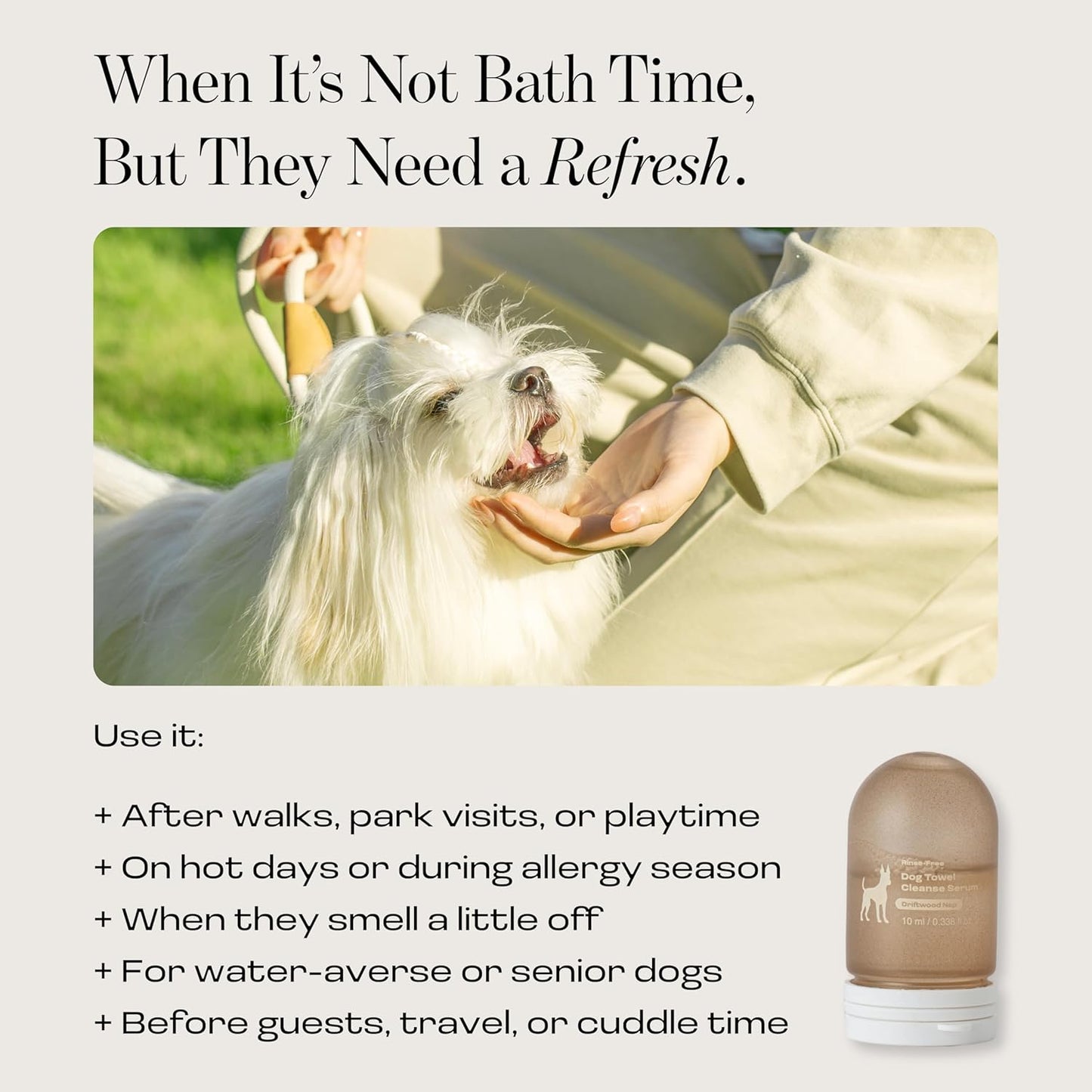 Dog Rinse-Free Towel Cleanse Shampoo & Conditioner with Bath Mitt – Sensitive Skin, Stress & Itch Relief Gentle Leave-in Serum – 98.65% Naturally Derived, Hydrate & Deodorize – 8 × 10ml