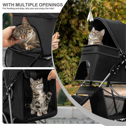 MoNiBloom Foldable Pet Stroller with Weather Cover, 3 Wheels Pet Strolling Cart for Small/Medium Dogs and Cats with Storage Basket and Cup Holder, Breathable and Visible Mesh for All-Season, Black