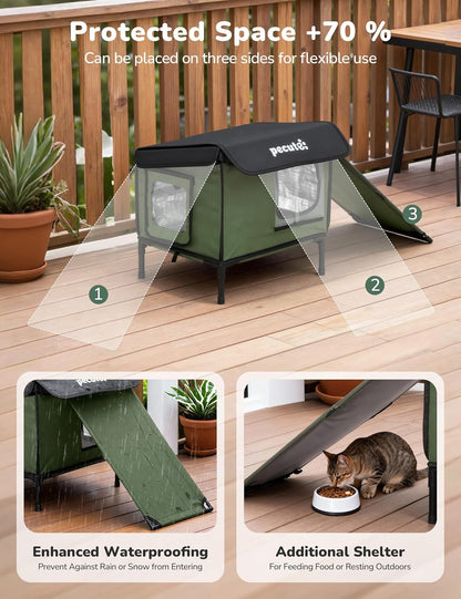 Pecute Heated Outdoor Cat House with Heating Pad - Weatherproof Insulated Winter Shelter for Outside Feral Cats, Cathouse with 2 Exits, Reinforced Metal Frame, Expanded Canopy for Porch Garage Barn