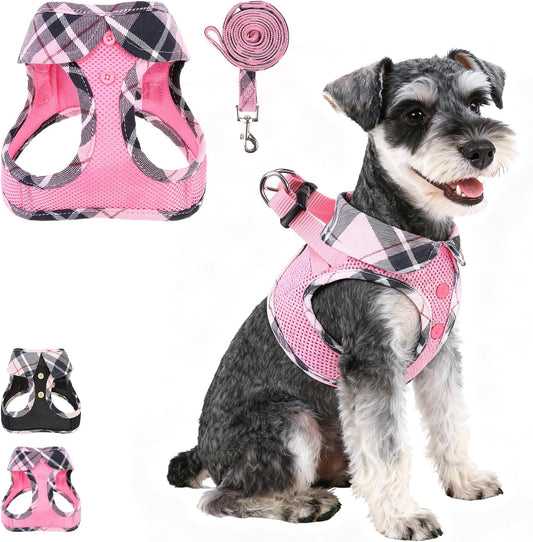 KOOLTAIL Small Dog Harness and Leash Set, Step in No Pull Soft Mesh Padded Pet Vest Harness Collar for Extra Small Size Dogs Cats Boy Girl, Breathable & Lightweight Plaid Puppy Harness, Pink XS