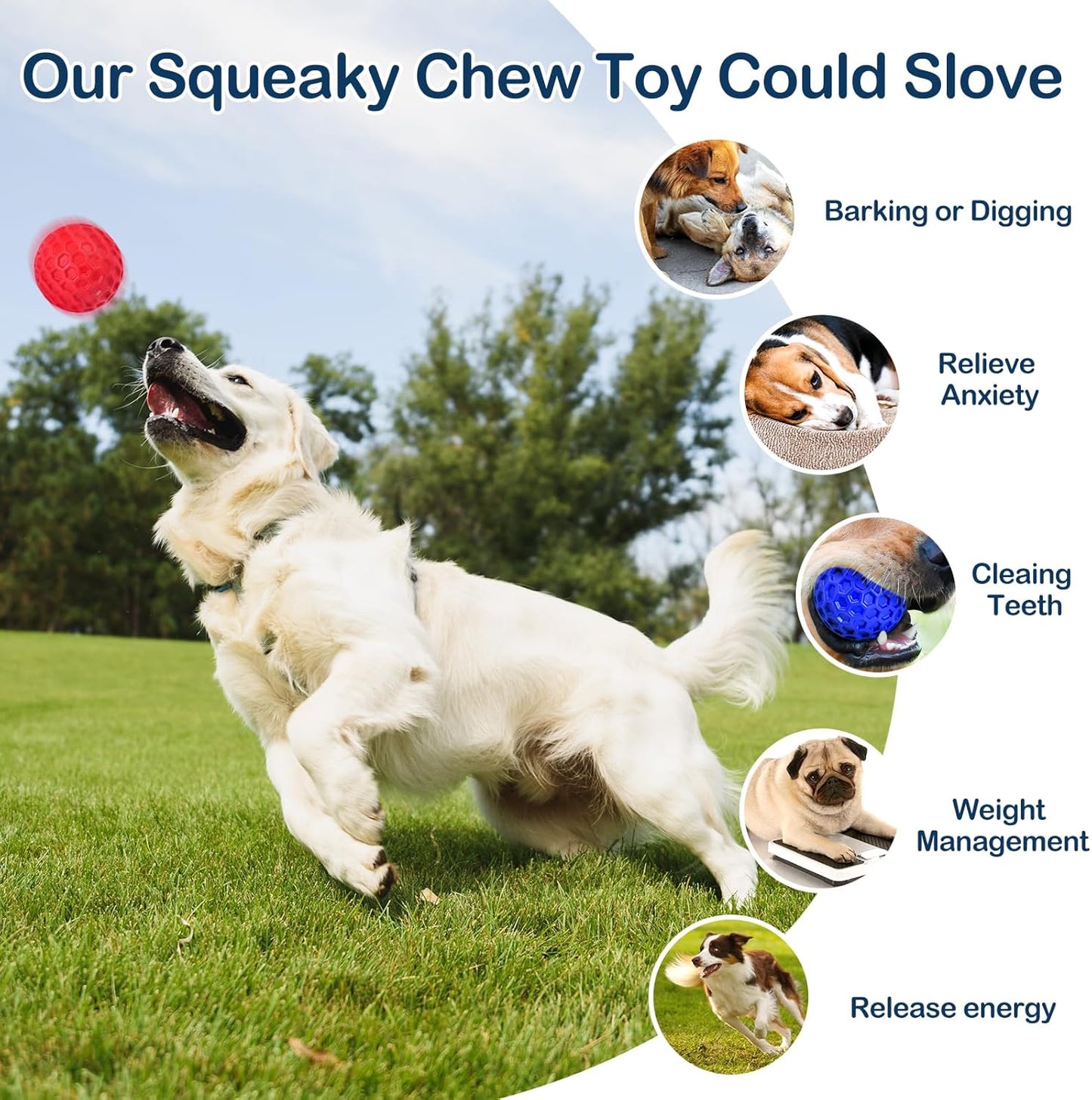 2 Pack Indestructible Squeaky Dog Balls for Aggressive Chewers, Interactive Dog Toys for Teething, Relieving Anxiety. Chew Toy for Large, Medium Breeds, Outdoor Rubber Balls.