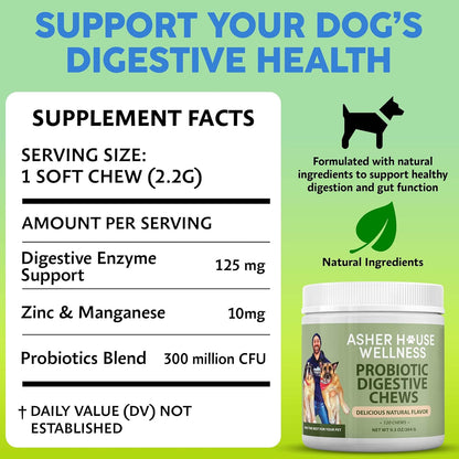 Asher House Wellness Probiotics Digestive Chew for Dogs - Dog Probiotic, Digestive Enzymes for Gut Health & Digestion - Pet Chews for Diarrhea, Upset Stomach, Allergies, Itchy Skin Relief, 120 Chews