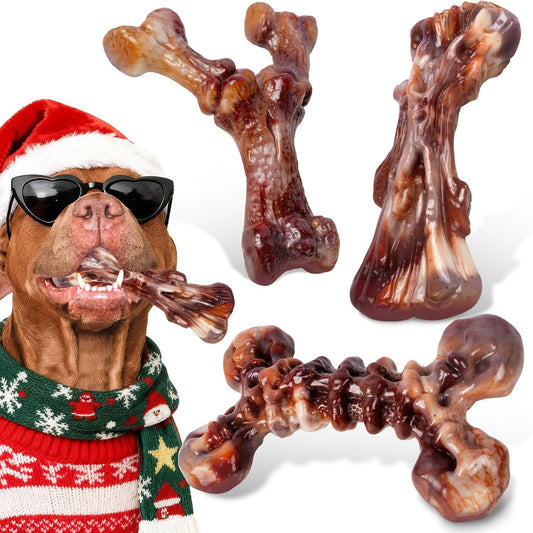 Dog Toys for Aggressive Chewers - 3 Pack Bacon Flavored Indestructible Dog Toy, Big Tough Chew Bone for Medium Large Breed 25-80lbs to Keep Them Busy, Holiday Dog Gift (Brown)