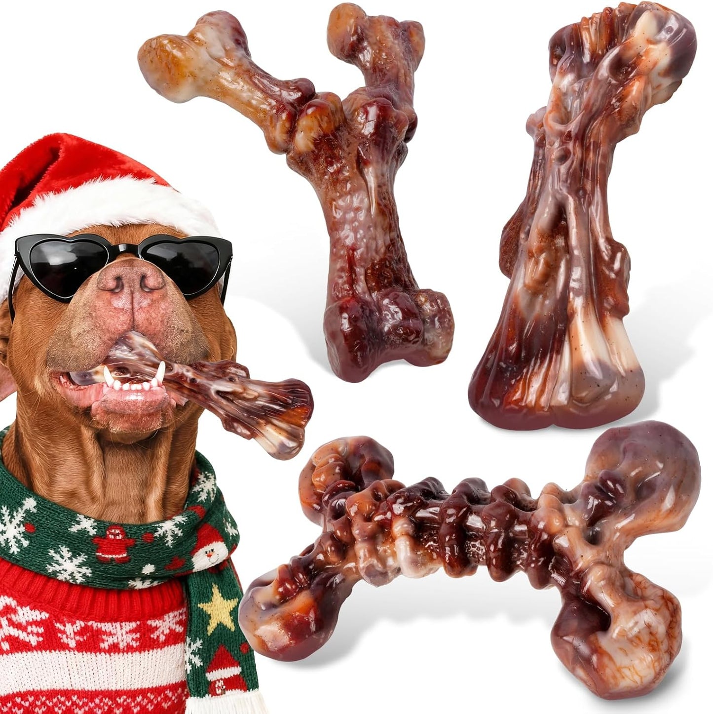 Dog Toys for Aggressive Chewers - 3 Pack Bacon Flavored Indestructible Dog Toy, Big Tough Chew Bone for Medium Large Breed 25-80lbs to Keep Them Busy, Holiday Dog Gift (Brown)