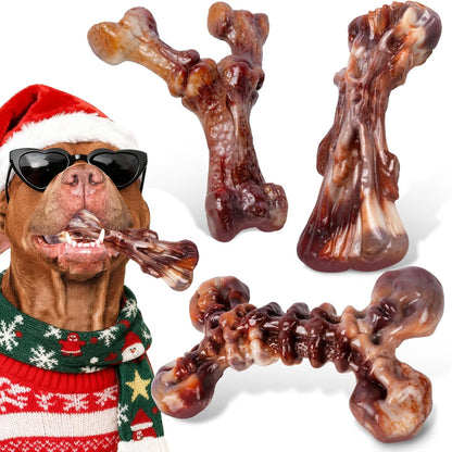 Dog Toys for Aggressive Chewers - 3 Pack Bacon Flavored Indestructible Dog Toy, Big Tough Chew Bone for Medium Large Breed 25-80lbs to Keep Them Busy, Holiday Dog Gift (Brown)