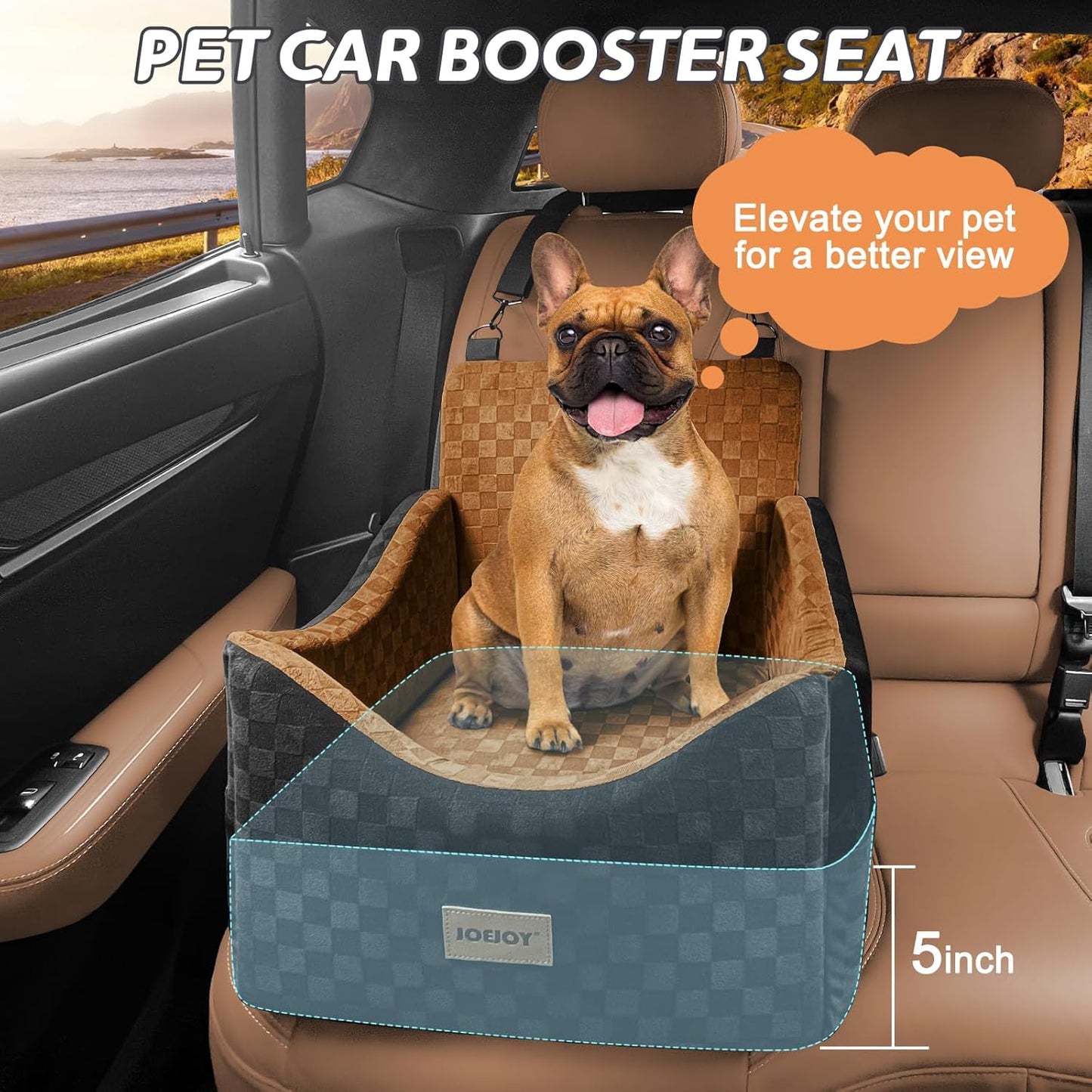 JOEJOY Elevated Dog Car Seat for Small/Medium Dogs up to 35 lbs, Memory Foam Booster Seat with Detachable Washable Cover, Travel-Safe Car Bed with Safety Belts & Storage Pockets, Brown