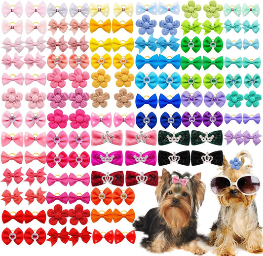 100pcs Assorted Dog Hair Bows,Cute Solid Color Dog Bows for Girl Small Medium Size Dogs,Handmade Puppy Bowknot with Rhinestone Crown Designer and Mix Shapes, Pet Hair Grooming Accessories
