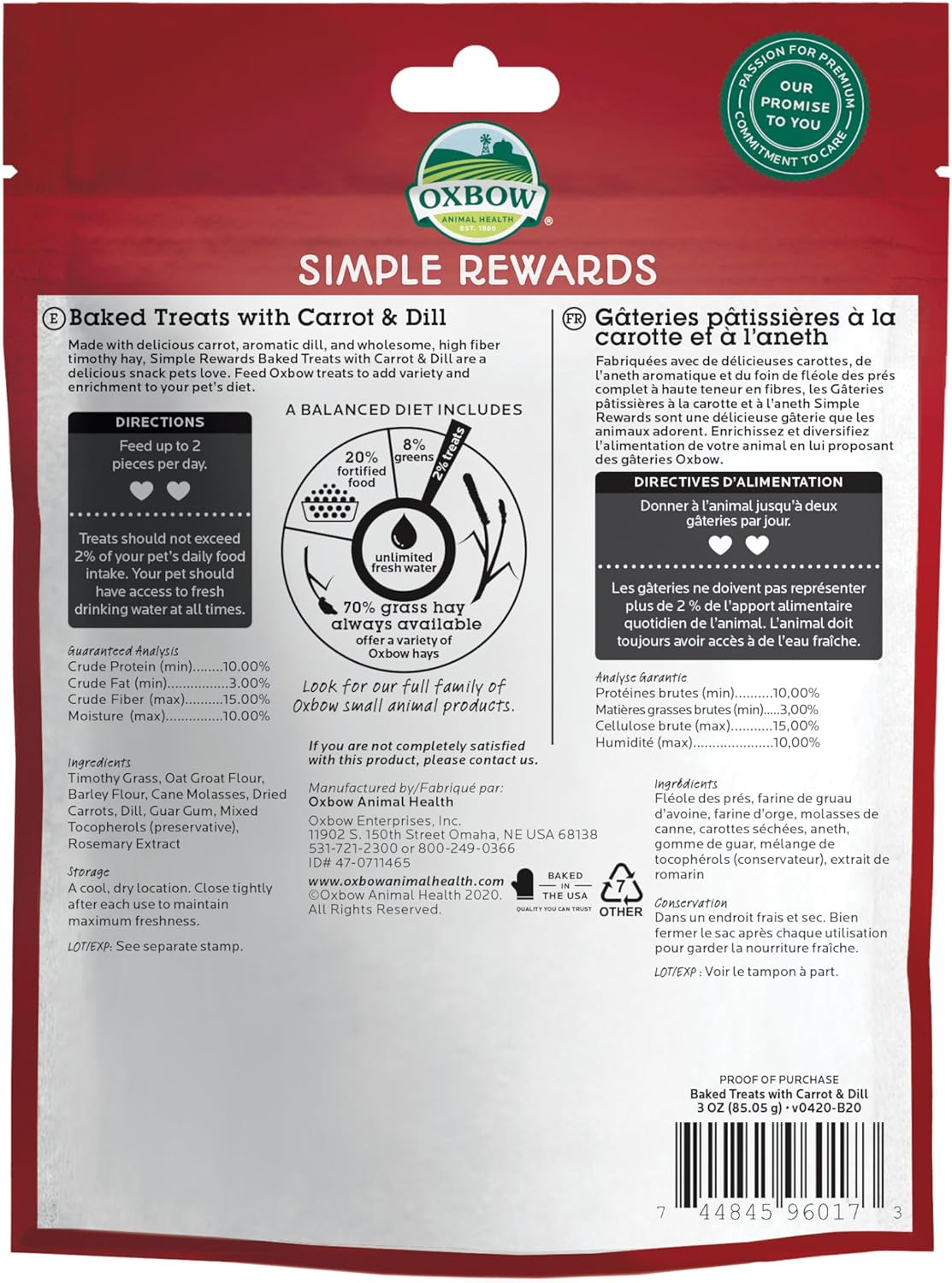 Oxbow Simple Rewards Baked Carrot & Dill Treats, Rabbit & Guinea Pig Treats Made with Timothy Hay, Healthy Guinea Pig, Hamster & Bunny Snack, Timothy for Rabbit, Made in USA, 3 oz Bag